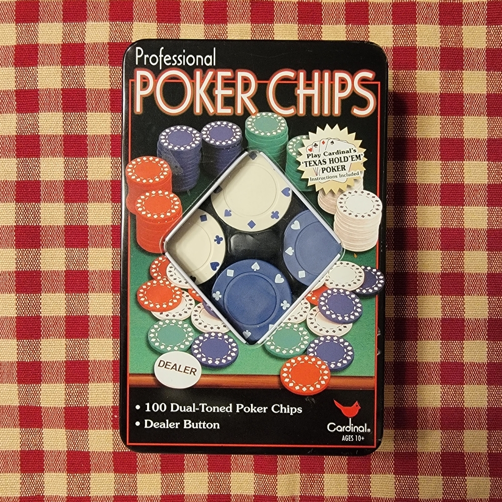 CARDINAL ♡ Professional 100 Dual-Toned Poker Chips 'n Dealer Button Inside Tin
